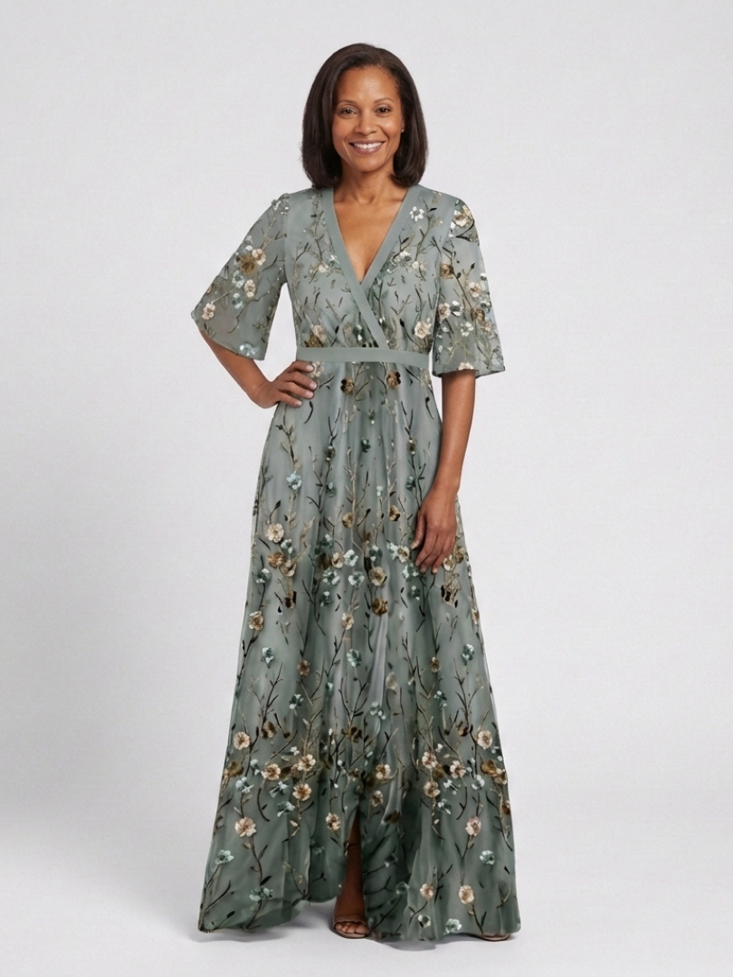 Evadne | Robe Longue à Manches Courtes ET Col en V à Motif Floral