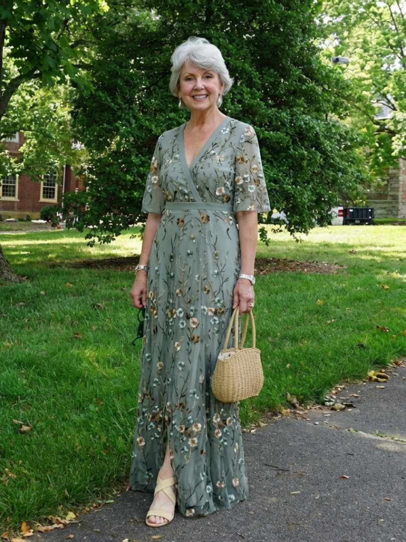 Evadne | Robe Longue à Manches Courtes ET Col en V à Motif Floral