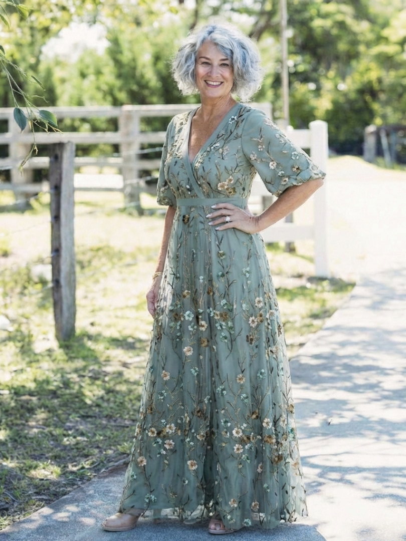 Evadne | Robe Longue à Manches Courtes ET Col en V à Motif Floral