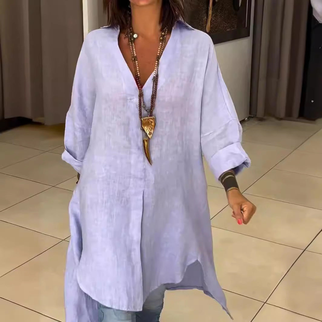 Melis -  Chemise d'été en Coton et Lin avec Décolleté en V
